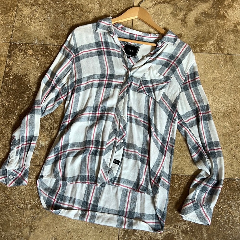 Rails red white and blue plaid button down shirt